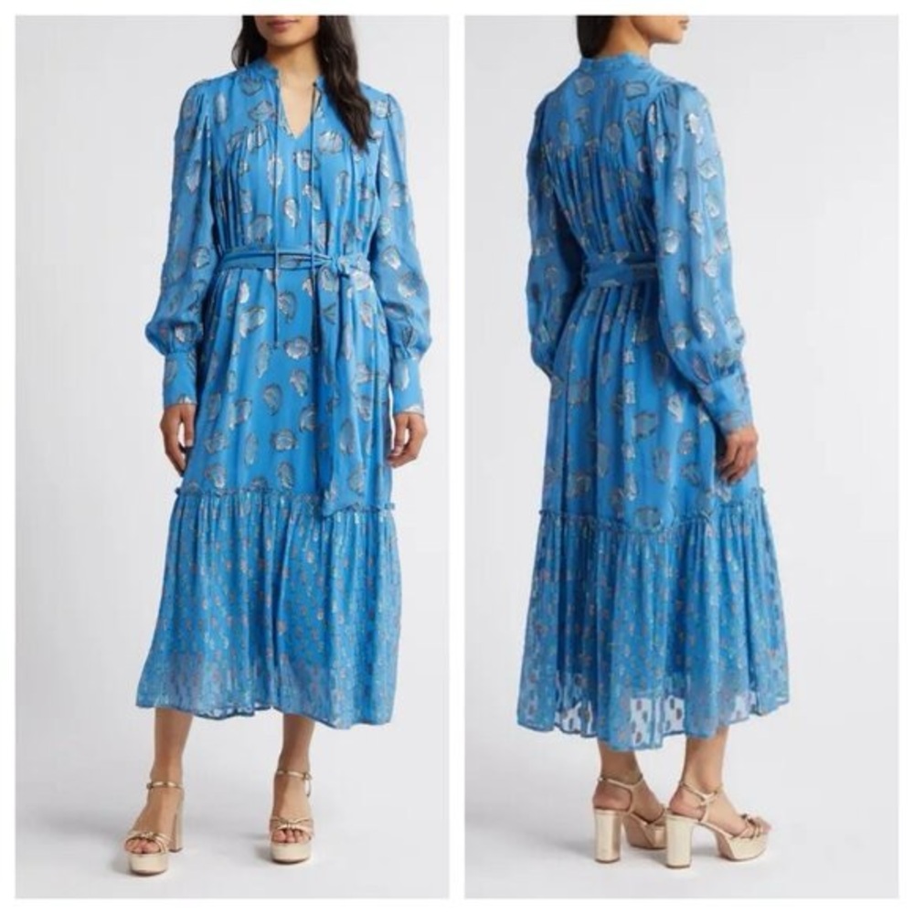 CIEBON Eriana Metallic Long Sleeve Belted Maxi Dress - Blue